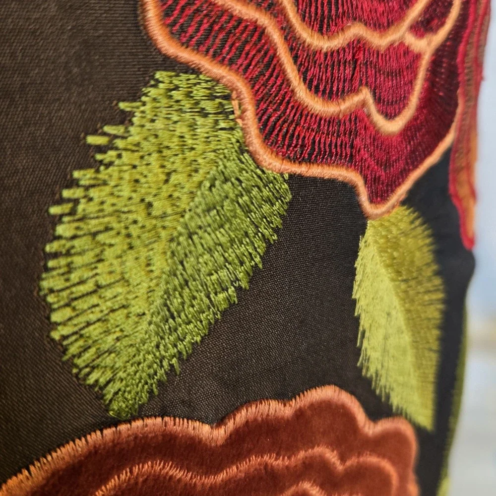 Pier 1 Floral Rose Throw Pillow 16x12 Velvet Embroidered Brown Red Orange Green